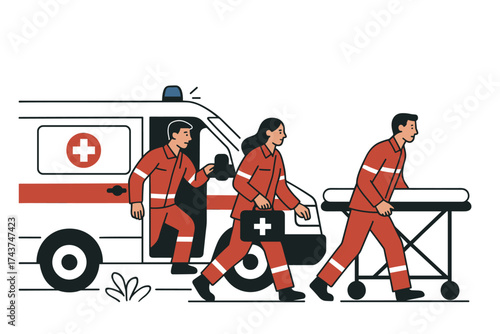 Emergency medical team with ambulance in flat design taking action