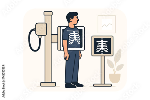 Flat medical imaging concept with man in x-ray machine and screen display