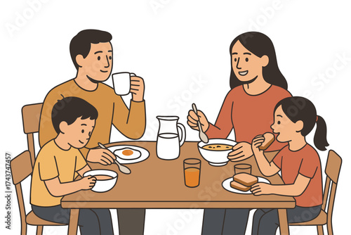Family enjoying breakfast together at home in a cozy setting