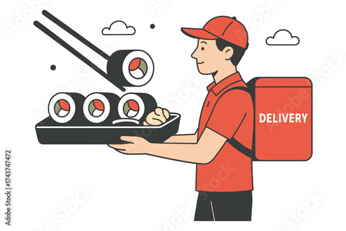 Flat design: food delivery person carrying sushi tray with chopsticks