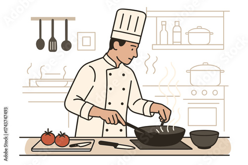 Professional chef cooking in a modern kitchen with fresh ingredients