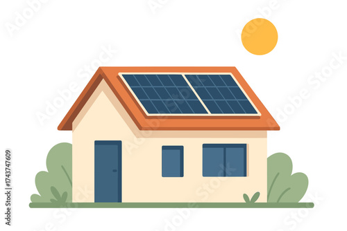 Eco-friendly house with solar panels under the sun in minimalistic design