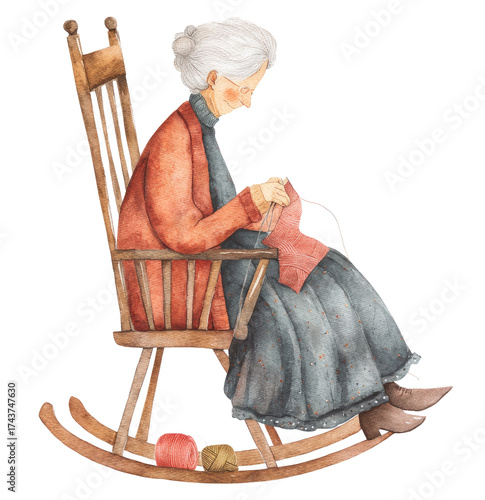 
Watercolor clipart, an elderly woman knitting in a rocking chair against a white background, with soft, muted colors.

