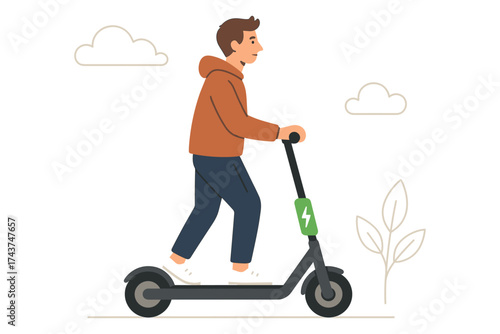 Young man riding electric scooter in minimalist style