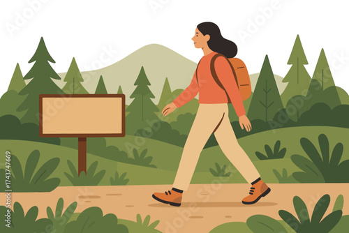 Woman hiking in nature with backpack on forest trail illustration