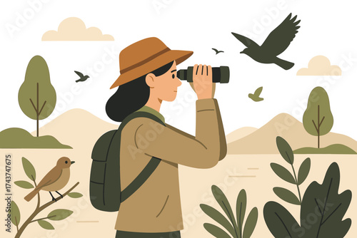 Woman observing birds in nature with binoculars in flat style