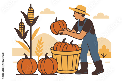 Flat design farmer harvesting pumpkins in autumn field scene with corn