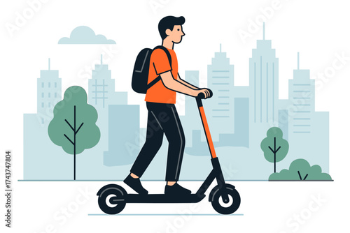 Young man riding electric scooter in urban cityscape with greenery