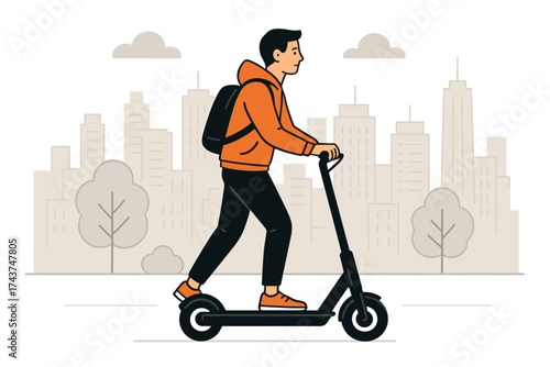 Young man riding electric scooter in urban setting with city skyline