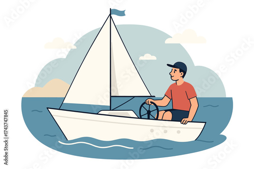 Sailing adventure: man navigates boat on a calm sea