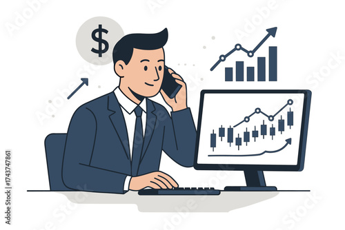 Businessman analyzing market trends on computer with graphs