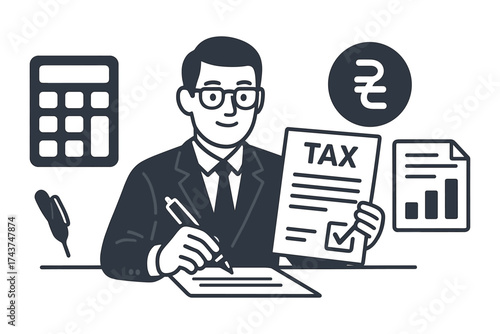 Businessman calculating taxes with documents and calculator in office setting