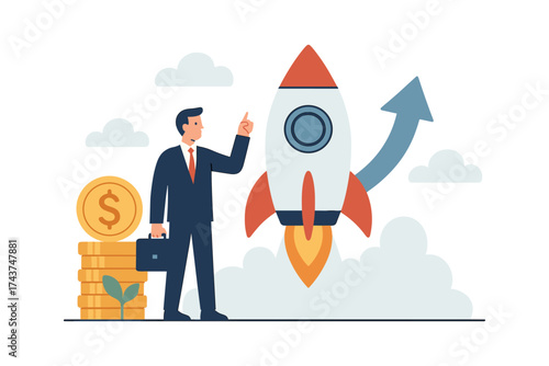 Business success concept with rocket launch and growing profit