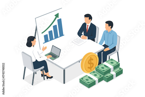 Isometric business meeting with financial growth presentation and cash piles