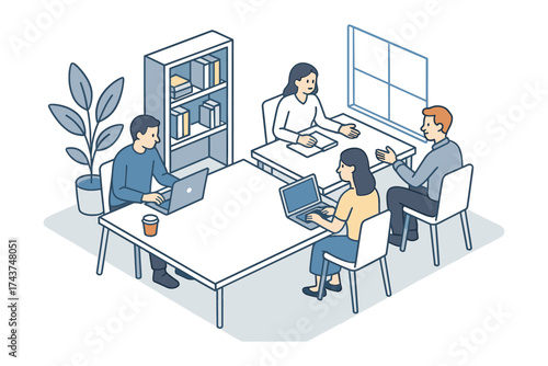 Collaborative team meeting in modern office with technology and laptops
