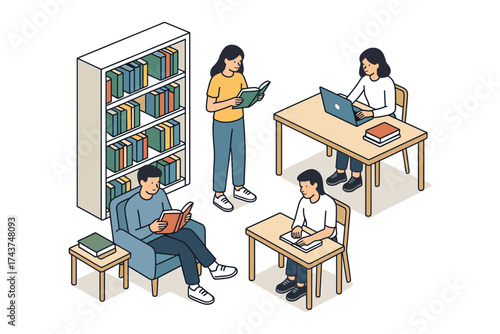 Coworking space with bookshelf and people working in isometric style