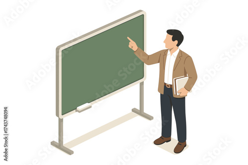 Isometric teacher with chalkboard: educational concept with professional instructor displaying learning techniques