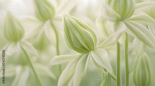 Delicate white green flower buds in soft light close up view