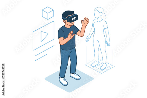 Immersive virtual reality experience in isometric style with 3d visualization