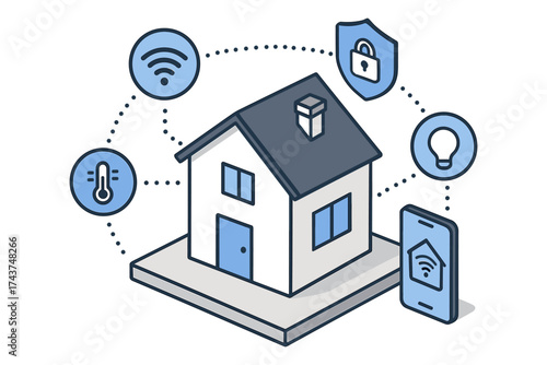Smart home isometric design with connected devices and security features