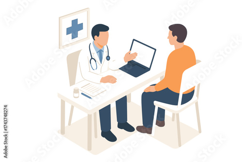 Isometric healthcare consultation: doctor and patient discussion in modern office setting