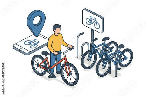 Isometric bicycle rental concept with digital map and bike station