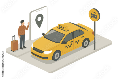 Isometric taxi service concept with passenger and location marker