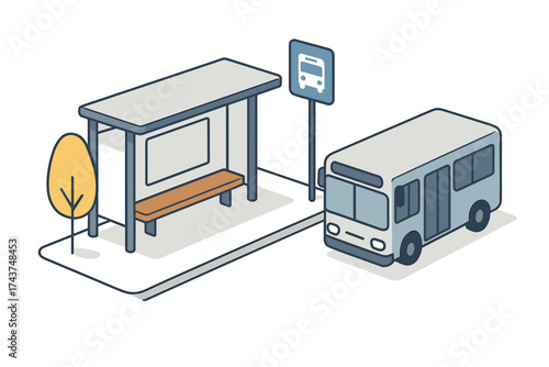 Isometric city bus stop with bench and bus illustration