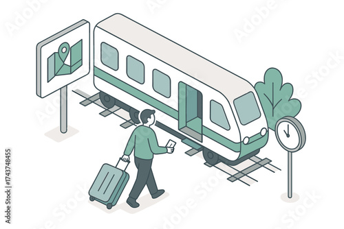 Isometric traveler boarding train with luggage and map
