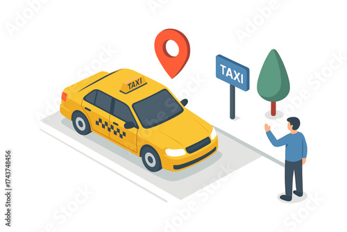 Isometric taxi ride: yellow cab and passenger interaction scene with map pin