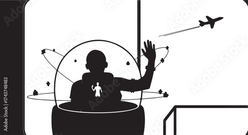 Silhouette of a person reaching out towards a projected airplane in a futuristic immersive spherical display system