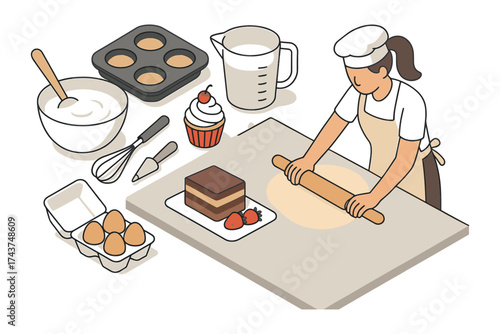 Isometric baking scene with chef and pastry ingredients in kitchen illustration