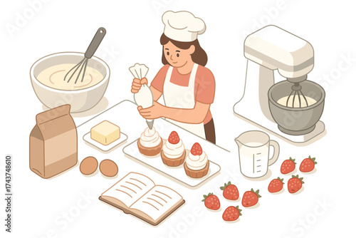 Pastry chef decorating cupcakes in cozy kitchen with ingredients and tools