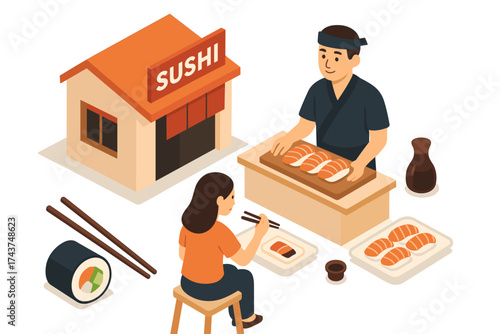 Isometric sushi shop scene with chef and customer enjoying japanese cuisine
