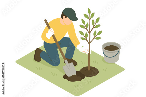 Isometric gardening scene with person planting tree in spring garden setting