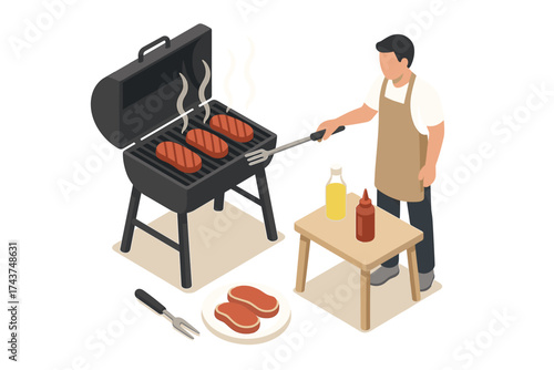 Isometric bbq scene with man grilling meat outdoors in summer setting