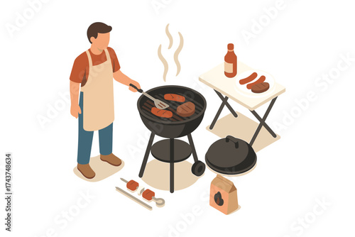 Backyard bbq scene with man grilling meat in isometric style