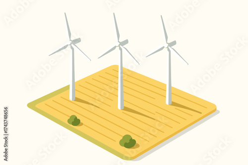 Isometric wind turbines on field: sustainable energy concept art