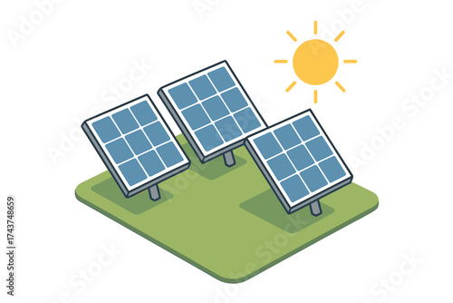 Solar panels with sun in isometric style on green field