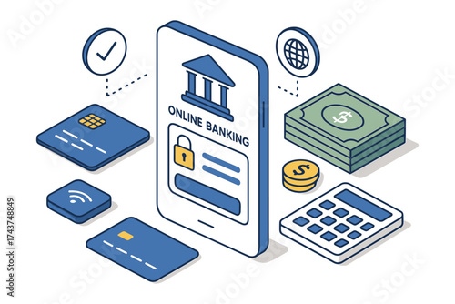 Isometric online banking concept with mobile app, cards, and money icons
