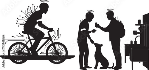 Silhouette of a person riding a bicycle with angelic wings and circuitry on a platform next to two people and a dog