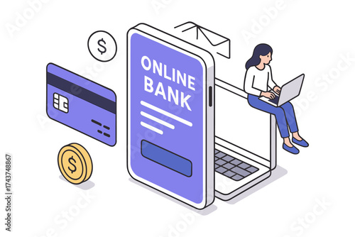 Isometric online banking concept with mobile app, credit card, and woman using laptop