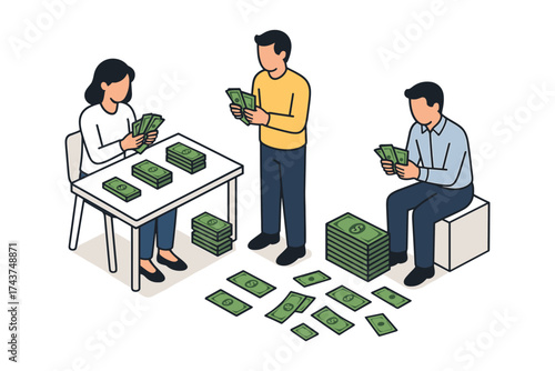 People organizing money with cash stacks and banknotes in isometric style