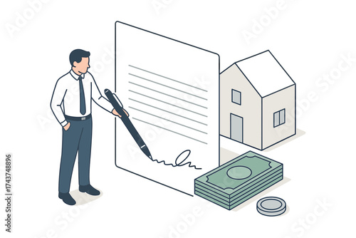 Businessman signing loan contract with pen near money and house icon in isometric style