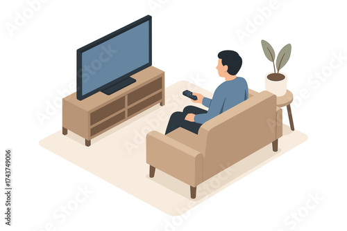 Isometric home relaxation scene with man watching tv on couch in minimalist living room