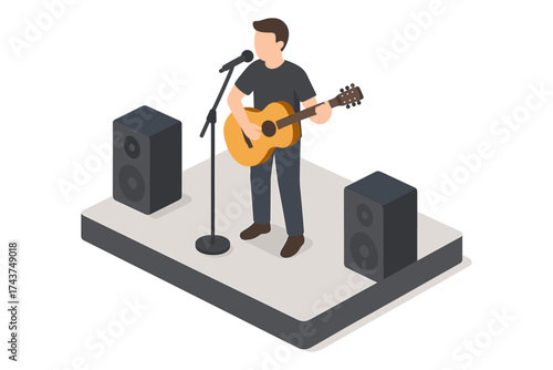 Isometric music performance with acoustic guitar on stage