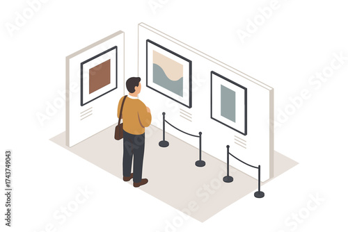 Isometric art gallery with person viewing abstract paintings on display