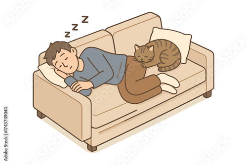 Cozy nap with cat on a couch in isometric design