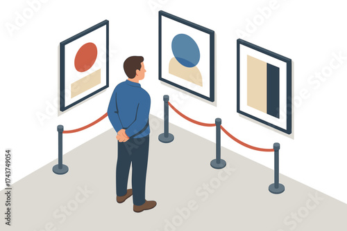Modern art gallery visit with abstract paintings in isometric style