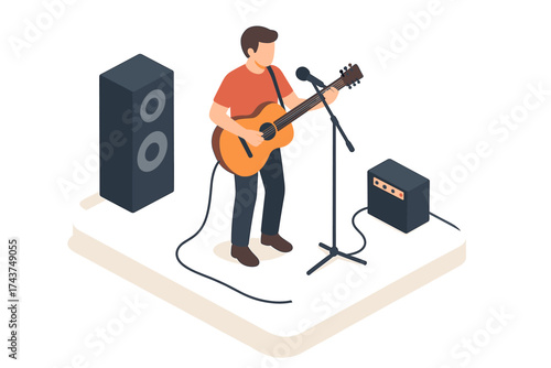 Isometric musician playing acoustic guitar on stage with amplifiers